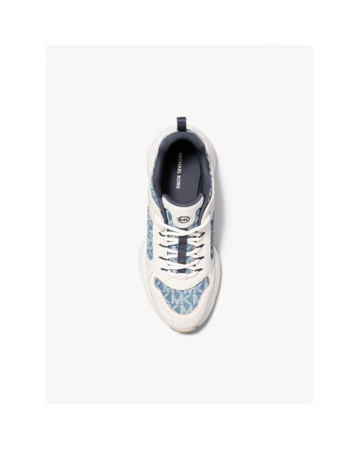 MICHAEL Michael Kors White Bowie Signature Logo Print Denim Trainer