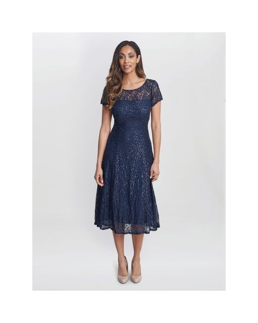 Gina Bacconi Blue Genny Cap Sleeve Midi Sequin Lace Dress