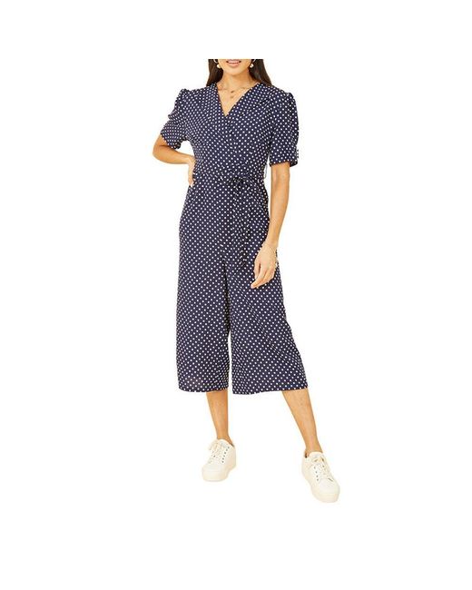Yumi' Blue Spot Print Retro Culotte Jumpsuit