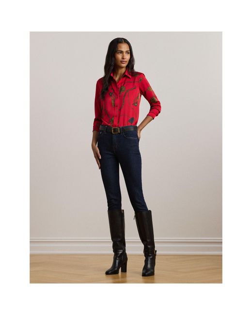 Ralph Lauren Red Classic Fit Print Charmeuse Shirt