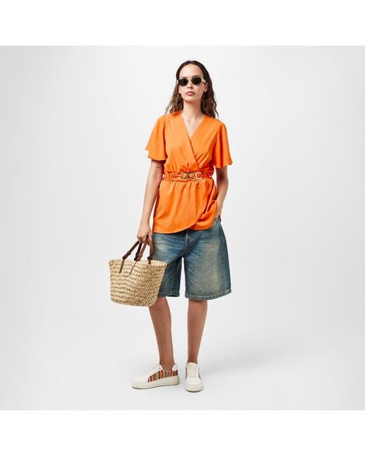 AX Paris Orange Short Sleeve Wrap Belted Top