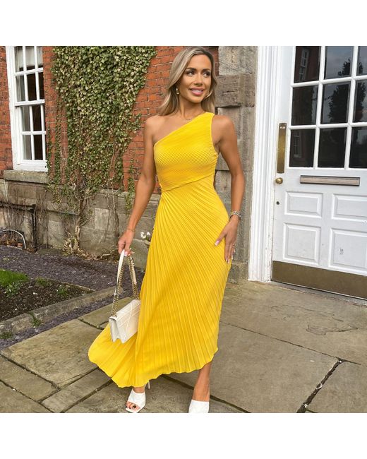AX Paris Yellow One Shoulder Cut Out Pleated Midi Dress