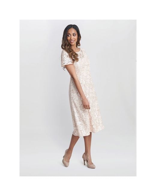 Gina Bacconi White Mylene Embroidered Floral A-Line Dress
