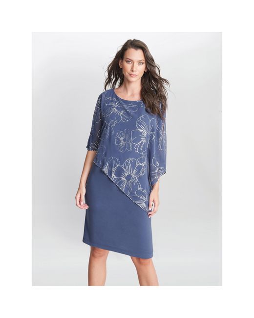 Gina Bacconi Blue Fiona Floral Glittered Asymmetric Dress