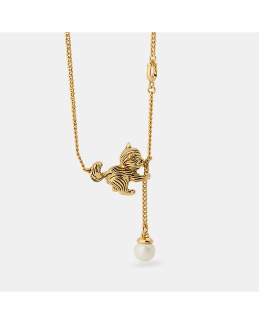COACH Metallic Cat Pearl Pendant Necklace