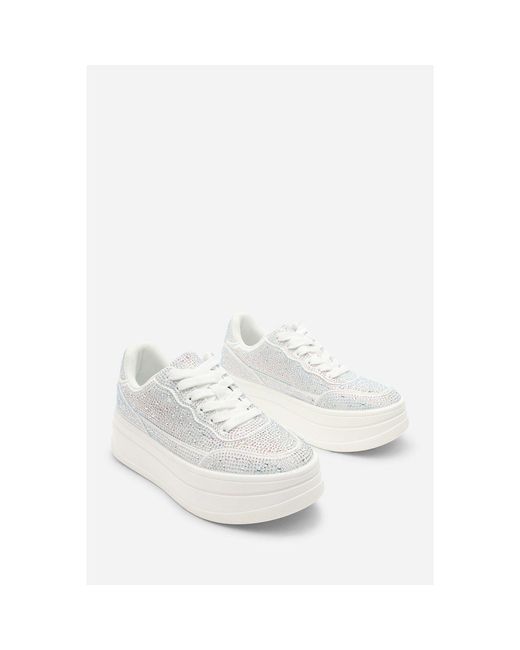 Where's That From Blue Wedge Lace Up Trainer With Diamante Detail