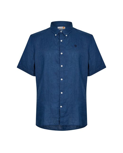 Timberland Blue Linen Short Sleeve Oxford Shirt for men