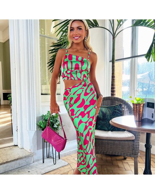 AX Paris Green Abstract Print Asymmetric Cut Out Midi Dress