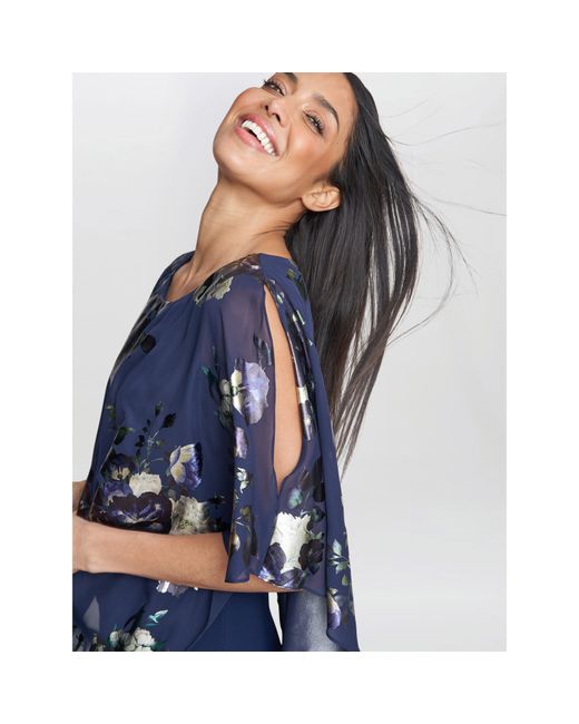 Gina Bacconi Blue Gaby Floral Printed Asymmetric Dress