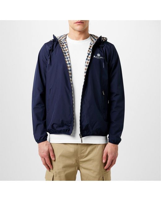 Aquascutum Blue Reversible Check Hooded Long Sleeve Rain Anorak for men