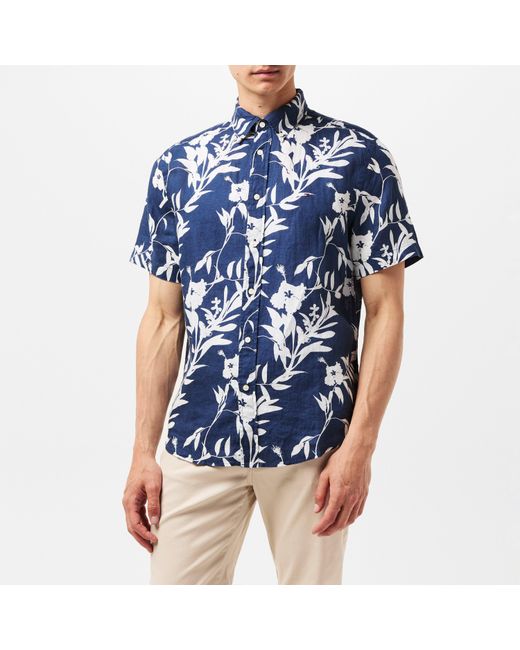 Tommy Hilfiger Blue Linen Tropical Print Short-Sleeve Patterned Shirt for men