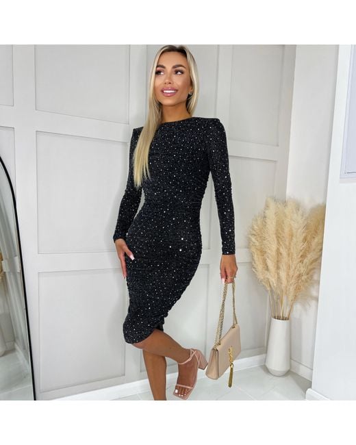 AX Paris Blue Sparkle And Sequin Long Sleeve Ruched Bodycon Midi Dress