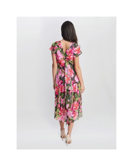 Gina Bacconi Red Ophelia Midi Printed Cowl Neck Dress