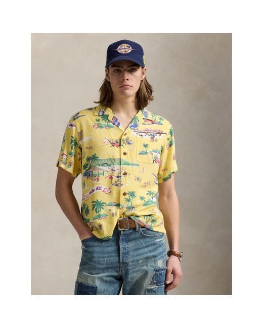 Polo Ralph Lauren Yellow Rayon Bear Short-Sleeve Patterned Shirt for men