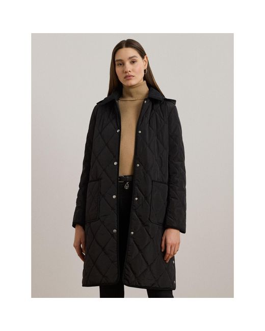Ralph Lauren Black Corduroy Trim Quilted Detachable Hood Long Sleeve Short Puffer Jacket