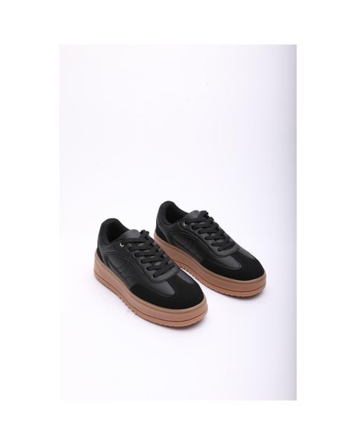 Where's That From Black Low Wedge Lace Up Trainer With Leopard Print Heel Detail