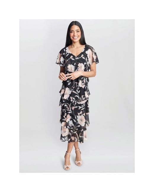 Gina Bacconi Blue Frances Printed Midi Tiered Dress
