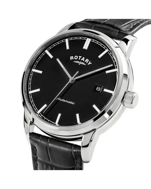 Rotary Black Heritage Auto Ss Leather Watch for men