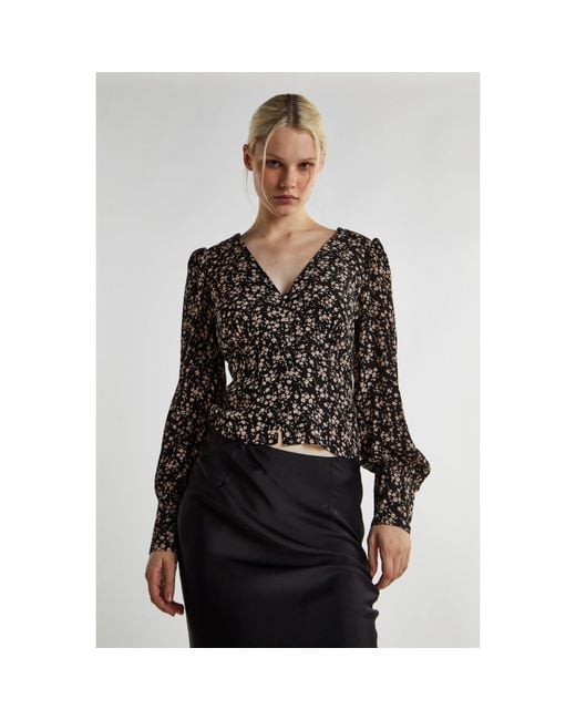 Glamorous Black Ditsy Print Button Front Top
