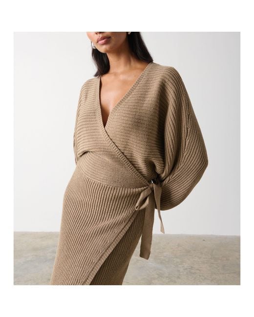 Pretty Lavish Natural Aidan Wrap Knitted Jumper Dress