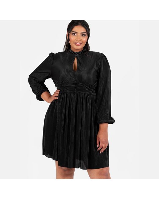 Lovedrobe Black Plisse High Neck Maxi Sleeve Mini Dress