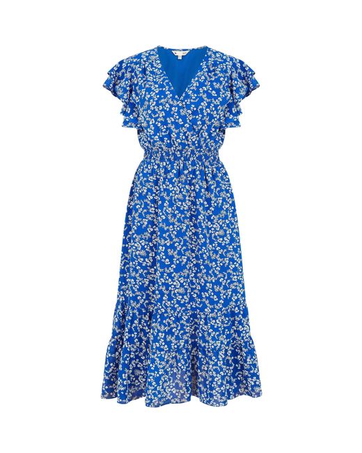 Yumi' Blue Ditsy Print Frill Detail Midi Dress