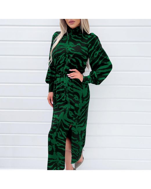 AX Paris Green Animal Print High Neck Long Sleeve Midi Dress