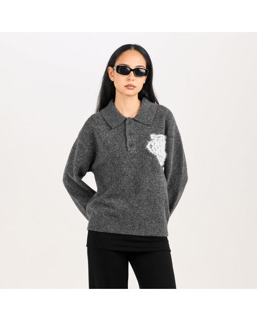 The Couture Club Gray Fluffy Knitted Long Sleeve Polo Shirt