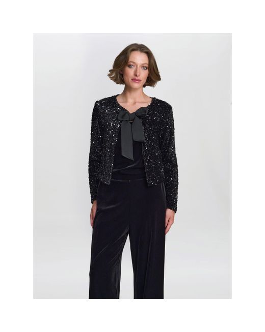 Gina Bacconi Black Roxy Sequin Round Neckline Tie Bow Jacket