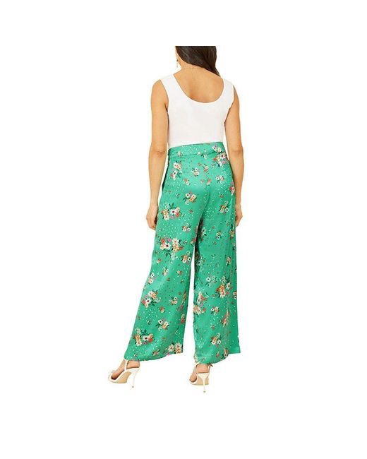 Yumi' Green Floral Satin Wide Leg Trousers