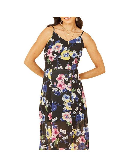 Yumi' Black Floral Strappy Midi Wrap Dress