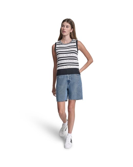 DKNY Blue Jeans Logo Pointelle Striped Sleeveless Sweater