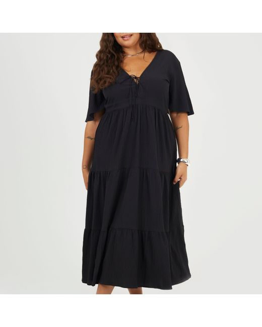 Brave Soul Black Bs Plus Size Midi Dress With Tie Detail