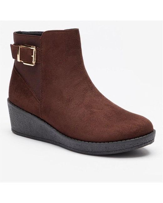 Be You Brown Ultimate Comfort Faux Suede Buckle Detail Wedge Ankle Boots