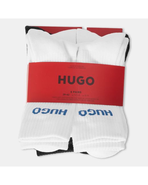 HUGO White Ribbed Logo 6-Pack Crew Socks for men