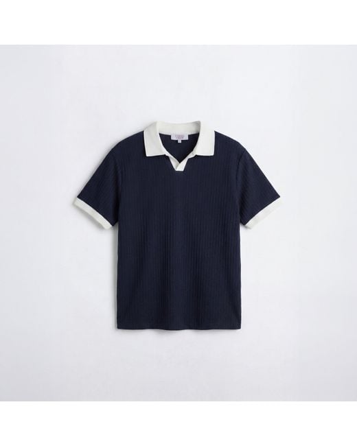 Twisted Tailor Blue Henry Textured Open Collar Polo for men