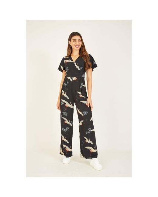 Yumi' White Crane Print Jumpsuit