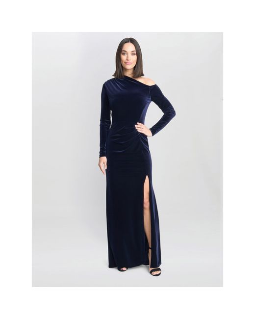 Gina Bacconi Blue Tess Velvet Off Shoulder Dress