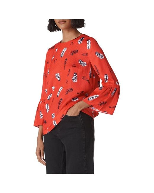 Whistles Red Feather Print Millie Frill Top