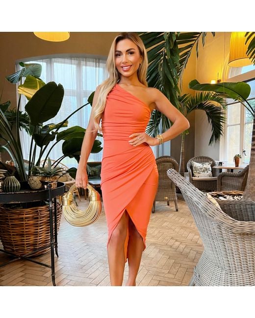 AX Paris Red One Shoulder Draped Wrap Skirt Midi Dress