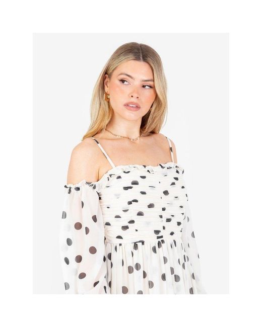 Anaya with love White Recycled Polka-Dot Bardot Maxi Sleeve Mini Dress