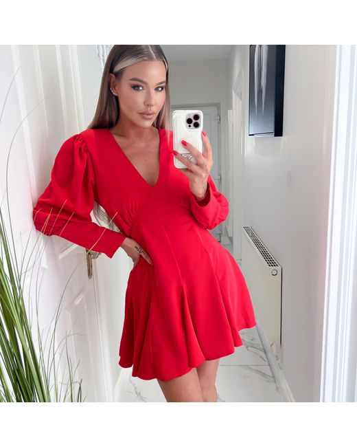 AX Paris Red V-Neck Long Sleeve Skater Dress