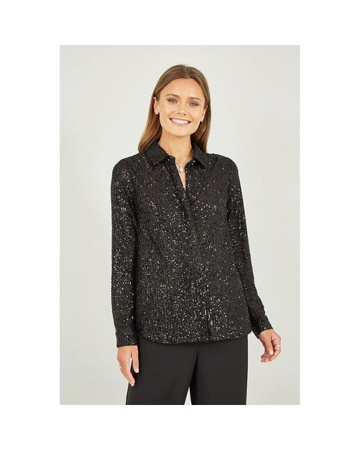 Yumi' Black Sequin Long-Sleeve Blouse
