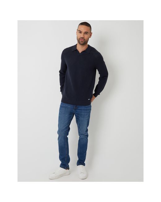 Threadbare Blue Brockholes Long Sleeve Knitted Polo Shirt for men