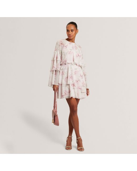 Ted Baker Pink Rose Print Frilled Long Sleeve Mini Dress