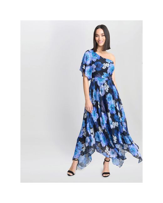 Gina Bacconi Blue Briana One Shoulder Floral Print Dress