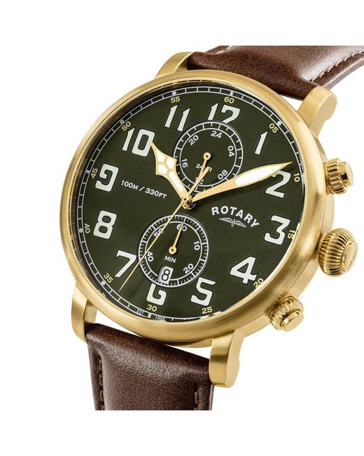Rotary Green Heritage Pilot Ss Leather Watch for men