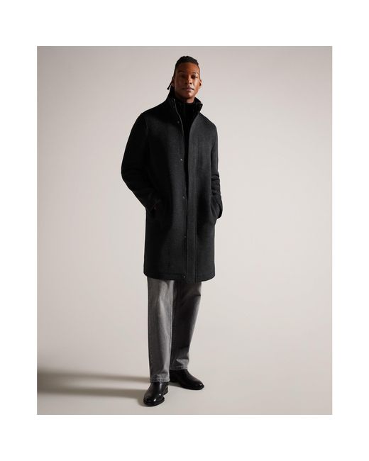Ted Baker Black Funnel Neck Overcoat for men