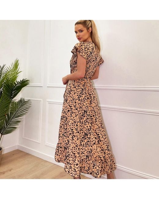 AX Paris Metallic And Printed Wrap Over Frill Hem Short Sleeve Midi Dress