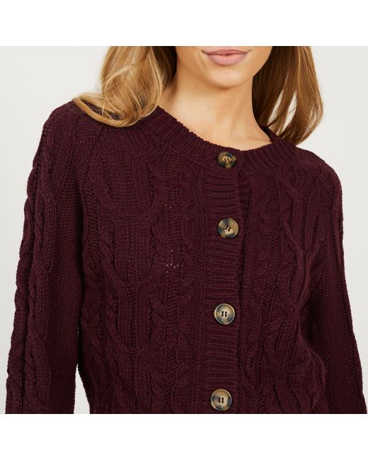 Brave Soul Purple Crew Neck Cable Knit Cardigan With Raglan Sleeve